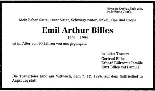 Billes Emil Arthur 1904-1994 Todesanzeige